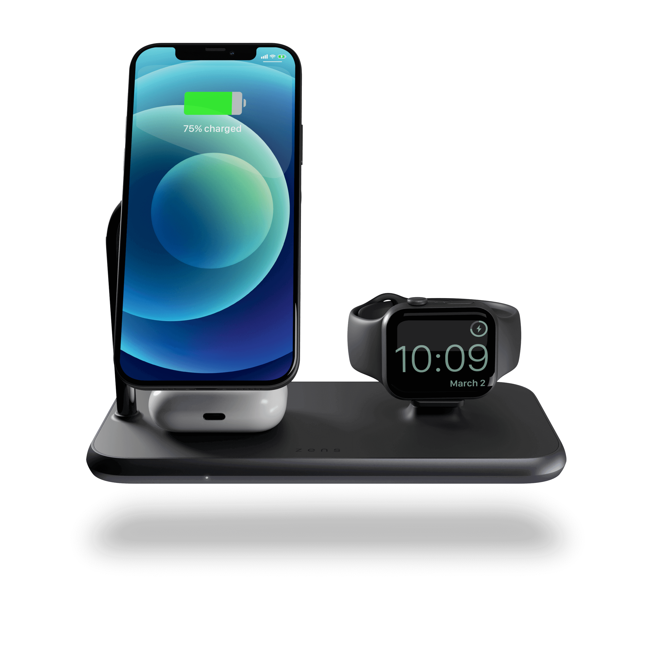 ZEDC18B - Magnetic + Watch Wireless Charger front view with devices