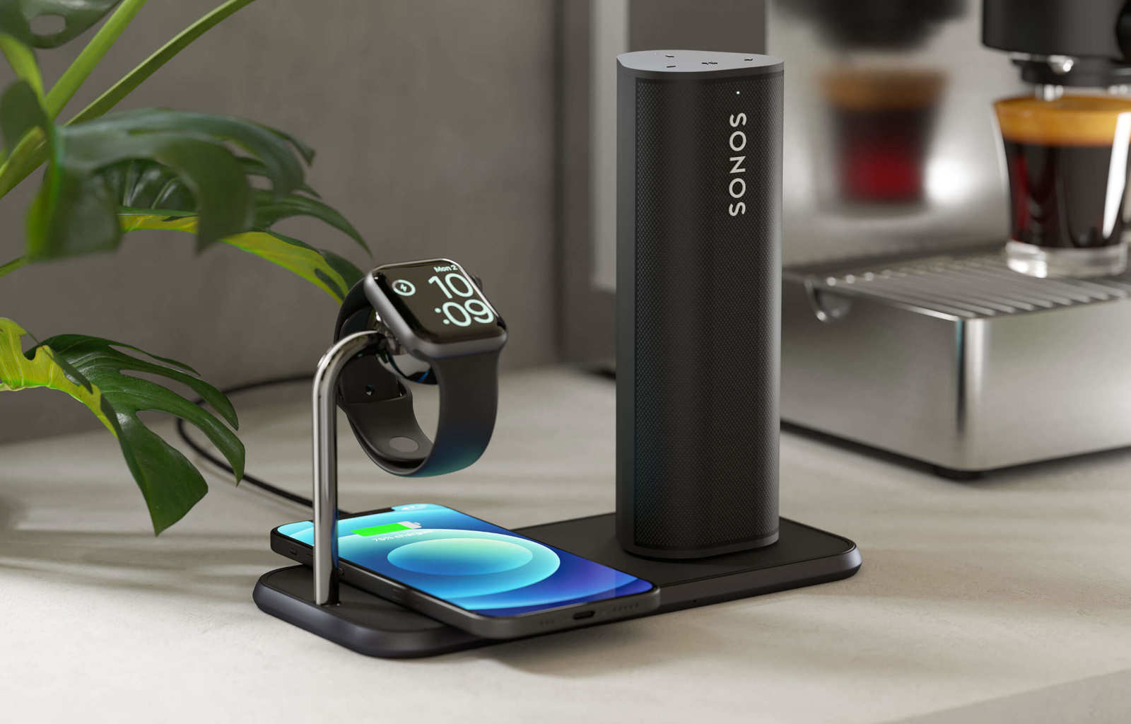 Aluminium Series wireless charging station charging Apple Watch, iPhone 12 and Sonos Roam