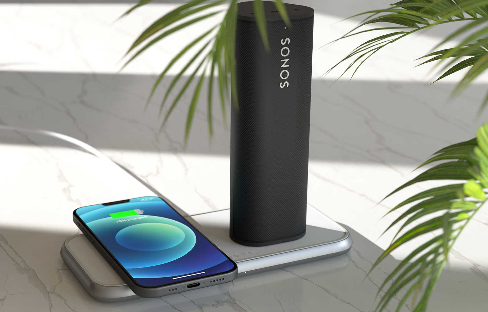 Aluminium dual charger charging iPhone 12 and Sonos Roam